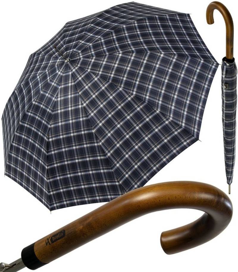iX-brella Stockregenschirm HQ Herren-Schirm Automatik Echtholz-Rundhakengriff, klassisch-edel - Karo blau von iX-brella