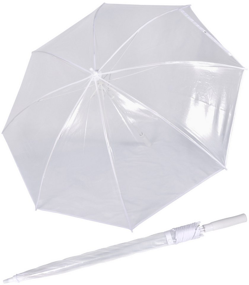iX-brella Stockregenschirm XXL 135 cm Durchmesser Brautschirm transparent, komplett weißes Gestell mit transparentem Dach von iX-brella
