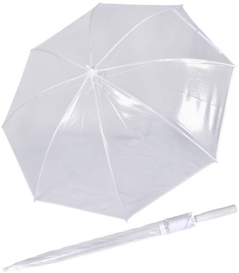iX-brella Stockregenschirm XXL 135 cm Durchmesser Brautschirm transparent, komplett weißes Gestell mit transparentem Dach von iX-brella