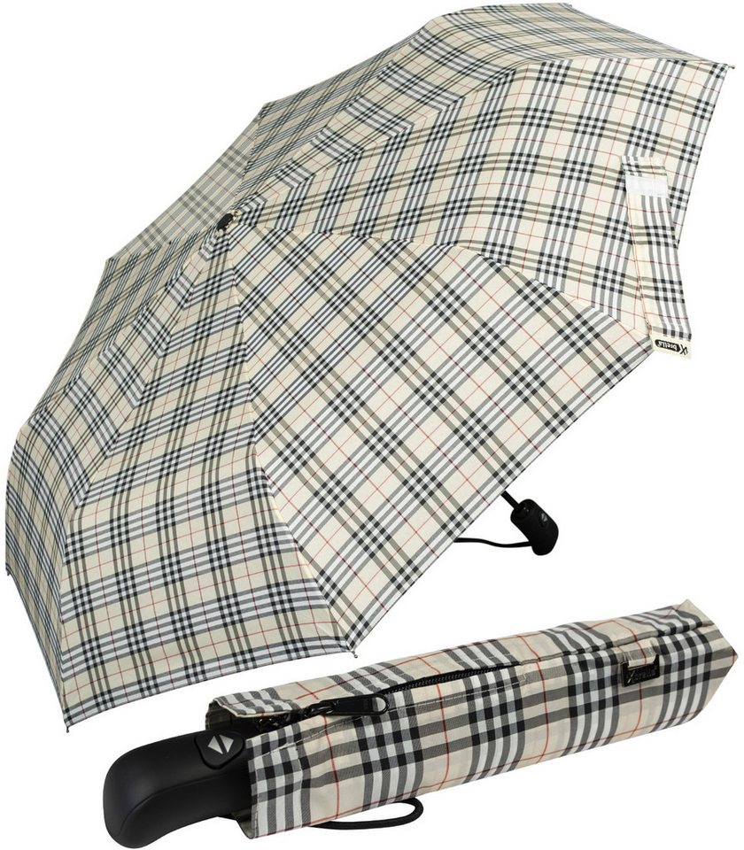 iX-brella Taschenregenschirm first class Regenschirm mit Auf-Zu-Automatik, für Damen und Herren, groß, satbil - beige kariert von iX-brella