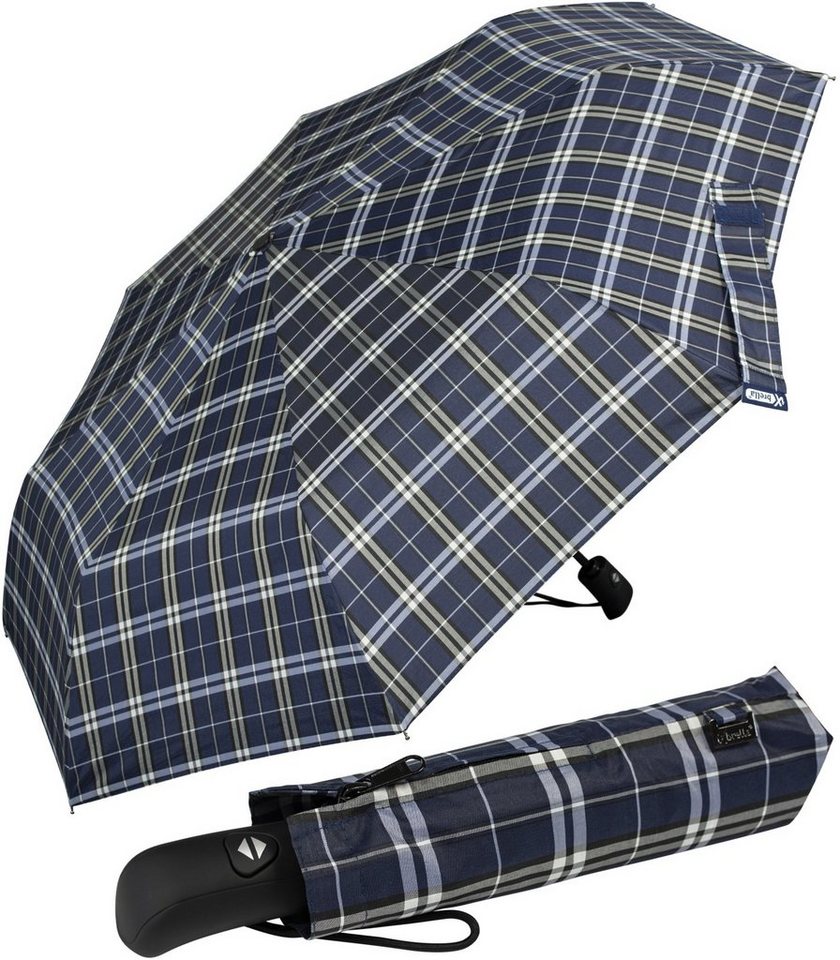 iX-brella Taschenregenschirm first class Regenschirm mit Auf-Zu-Automatik, für Damen und Herren, groß, satbil - blau kariert von iX-brella