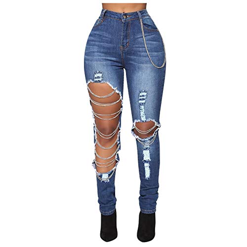 iYmitz Damen Jeanhosen High Waist Gerades Jeans Lang Eng Frauen Skinny Lochjeans Zerrissenes Jeans Hose Destroyed Denim Hose mit Kette für Junges Mädchen von iYmitz