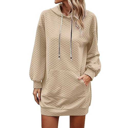 iYmitz Hoodie Sweatshirt Damen Langarm Casual Elegante Pullover Baumwolle Oversized Pulloverkleider Hoodie Kleid mit Kapuze Taschen (Beige, S) von iYmitz