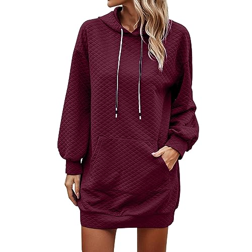 iYmitz Hoodie Sweatshirt Damen Langarm Casual Elegante Pullover Baumwolle Oversized Pulloverkleider Hoodie Kleid mit Kapuze Taschen (Wine, XL) von iYmitz