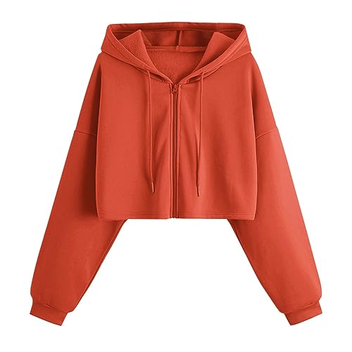 iYmitz Lässiges Einfarbige Kurze Hoodie Damen Sweatshirt mit Kapuze Damen Reißverschluss Kapuzenpullover Langarm Pullover mit Taschen (X2-Orange, M) von iYmitz