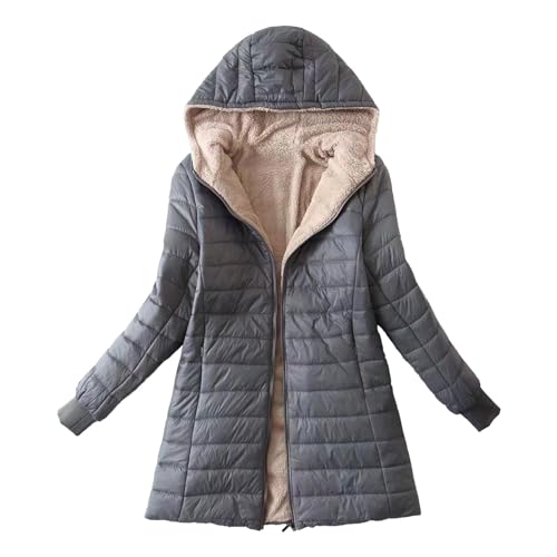 iYmitz Lange übergangsjacke Damen Leicht Größe Baumwolljacke Damen Steppjacke mit Kapuze und Tasche Jacke Winterjacke Fleecemantel Plüschjacke (Grey, XXXL) von iYmitz