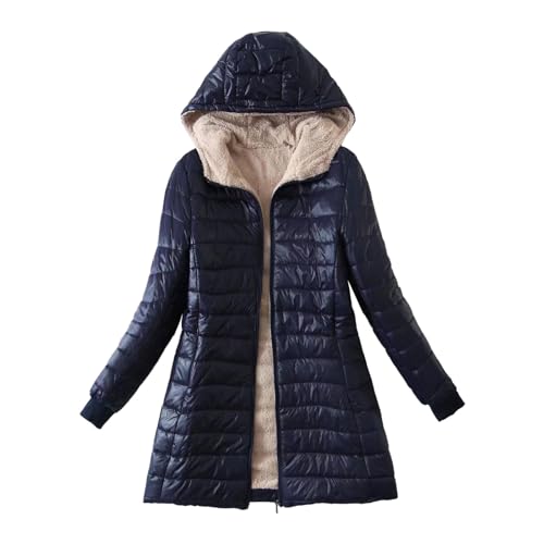 iYmitz Lange übergangsjacke Damen Leicht Größe Baumwolljacke Damen Steppjacke mit Kapuze und Tasche Jacke Winterjacke Fleecemantel Plüschjacke (Navy, L) von iYmitz