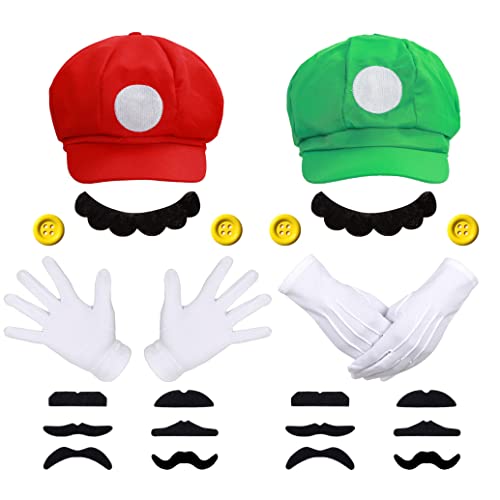 iZoeL Bros Mario und Luigi Kostüm Accessories Mütze Hut Handschuhe Bart gelbe Knöpfe Faschingkostüme Karneval Mottoparty Halloween Cosplay für Damen Herren von iZoeL