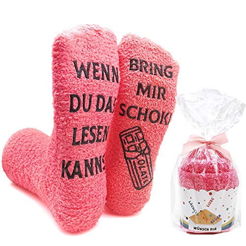 iZoeL Flauschsocken damen Lustige Socken wenn du das lesen kannst bring mir Schokolade Kaffee Witzige Kuschelsocken Cupcake Socken von iZoeL