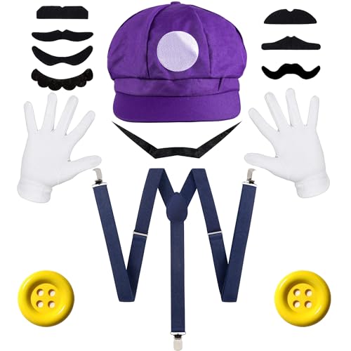 iZoeL Mario Brothers Kostüm Accessories, lila Mario Bros Mütze Hut Schnurrbart Handschuhe Knöpfe Hosenträger Herren Damen Faschingkostüme Karneval Halloween Cosplay Mottoparty Kostüm von iZoeL