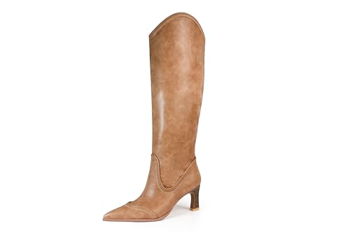 iadore Damen-Stiefel mit niedrigem klobigem Absatz, kniehoch, Westernstiefel, spitz zulaufender Zehenbereich, bestickt, Cowgirl-Stiefel, bequem, hohe Stiefel, Größe 38-47, Braun, 39 EU von iadore