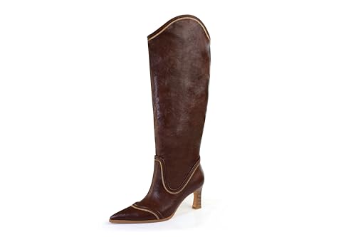 iadore Damen-Stiefel mit niedrigem klobigem Absatz, kniehoch, Westernstiefel, spitz zulaufender Zehenbereich, bestickt, Cowgirl-Stiefel, bequem, hohe Stiefel, Größe 38-47, Dunkelbraun, 38 EU von iadore