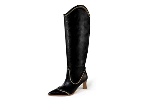 iadore Damen-Stiefel mit niedrigem klobigem Absatz, kniehoch, Westernstiefel, spitz zulaufender Zehenbereich, bestickt, Cowgirl-Stiefel, bequem, hohe Stiefel, Größe 38-47, Schwarz, 37.5 EU von iadore