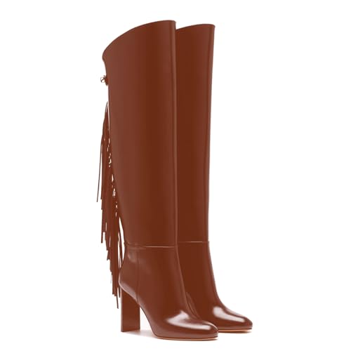 iadore Damenstiefel mit hohem Absatz, Fransenstiefel, runde Zehenpartie, modisch, kniehohe Stiefel mit Quasten, klobiger Blockabsatz, lange Stiefel für Damen, Größe 38-47, Braun, 41 EU iadore Damenstiefel mit hohem Absatz, Fransenstiefel, runde Zehenpartie, modisch, kniehohe Stiefel mit Quasten, klobiger Blockabsatz, lange Stiefel für Damen, Größe 38-47, Braun, 41 EU von iadore