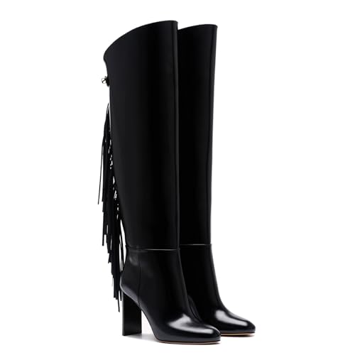 iadore Damenstiefel mit hohem Absatz, Fransenstiefel, runde Zehenpartie, modisch, kniehohe Stiefel mit Quasten, klobiger Blockabsatz, lange Stiefel für Damen, Größe 38-47, Schwarz, 41 EU iadore Damenstiefel mit hohem Absatz, Fransenstiefel, runde Zehenpartie, modisch, kniehohe Stiefel mit Quasten, klobiger Blockabsatz, lange Stiefel für Damen, Größe 38-47, Schwarz, 41 EU von iadore