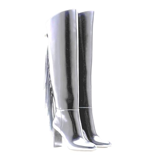 iadore Damenstiefel mit hohem Absatz, Fransenstiefel, runde Zehenpartie, modisch, kniehohe Stiefel mit Quasten, klobiger Blockabsatz, lange Stiefel für Damen, Größe 38-47, silber, 39.5 EU von iadore