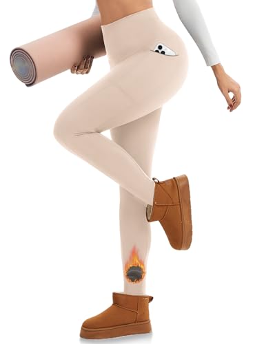 iaoja Fleece-gefütterte Leggings mit Taschen für Damen – Thermo-Leggings mit hoher Taille, Bauchkontrolle, Yogahose, Winter, Workout, Laufhose, Beige, S/M von iaoja