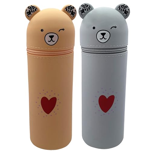 ibalulu Federmäppchen Kawaii Silikon Schlampermäppchen und Stifteköcher 2 in 1, Ständer Tischstifthalter Cartoon Mäppchen für Mädchen und Teenager (Apricot+Grau) von ibalulu