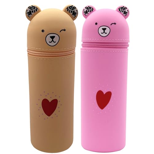ibalulu Federmäppchen Kawaii Silikon Schlampermäppchen und Stifteköcher 2 in 1, Ständer Tischstifthalter Cartoon Mäppchen für Mädchen und Teenager (Apricot+Rosa) von ibalulu