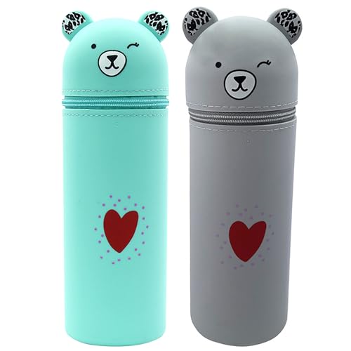 ibalulu Federmäppchen Kawaii Silikon Schlampermäppchen und Stifteköcher 2 in 1, Ständer Tischstifthalter Cartoon Mäppchen für Mädchen und Teenager (Grün+Grau) von ibalulu