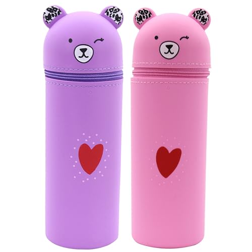 ibalulu Federmäppchen Kawaii Silikon Schlampermäppchen und Stifteköcher 2 in 1, Ständer Tischstifthalter Cartoon Mäppchen für Mädchen und Teenager (Rosa+Lila) von ibalulu