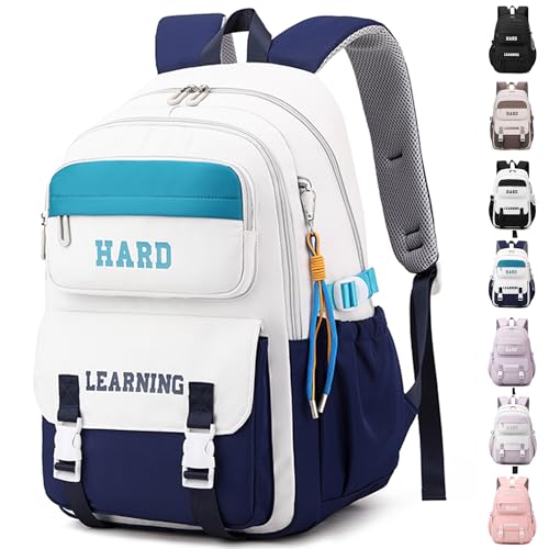 ibalulu Schulrucksack Teenager Mädchen Jungen Schulranzen Wasserdicht Rucksack Damen Herren Schultasche Laptop Tasche Daypacks Groß Backpack für Schule Reise Sport(Weiß Blau) von ibalulu