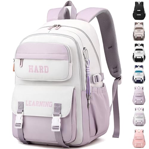 ibalulu Schulrucksack Teenager Mädchen Jungen Schulranzen Wasserdicht Rucksack Damen Herren Schultasche Laptop Tasche Daypacks Groß Backpack für Schule Reise Sport(Weiß Lila) von ibalulu