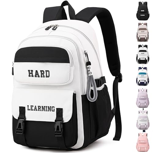 ibalulu Schulrucksack Teenager Mädchen Jungen Schulranzen Wasserdicht Rucksack Damen Herren Schultasche Laptop Tasche Daypacks Groß Backpack für Schule Reise Sport(Weiß Schwarz) von ibalulu