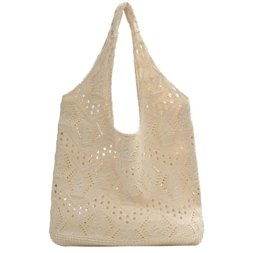 ibalulu Strandtasche Gehäkelte Umhängetasche Tote Bag Groß Shopper Tasche Damen Sommer Beach Bag Häkeltasche für Reisen Einkaufen Urlaub (Beige) von ibalulu