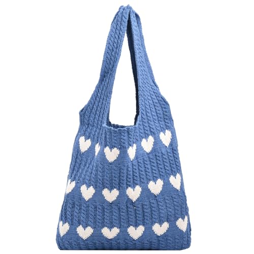 ibalulu Strandtasche Umhängetasche Handtasche Damen Gestrickte Tasche Shopper Tasche Damen-Strick-Love-Häkeltasche Tote Bag Schultertasche für Einkaufen Urlaub Reise (Blau) von ibalulu