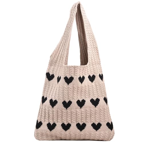 ibalulu Strandtasche Umhängetasche Handtasche Damen Gestrickte Tasche Shopper Tasche Damen-Strick-Love-Häkeltasche Tote Bag Schultertasche für Einkaufen Urlaub Reise (Khaki) von ibalulu