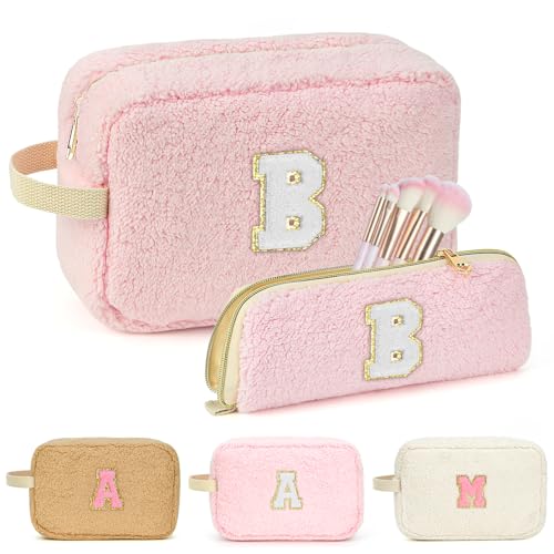 ibeacos Reise-Make-up-Taschen-Set, Muttertagsgeschenk, personalisierte Kosmetiktasche mit Make-up-Pinselhalter, adrette, niedliche Make-up-Tasche, Geburtstagsgeschenk für Frauen und sie, Pink, B von ibeacos