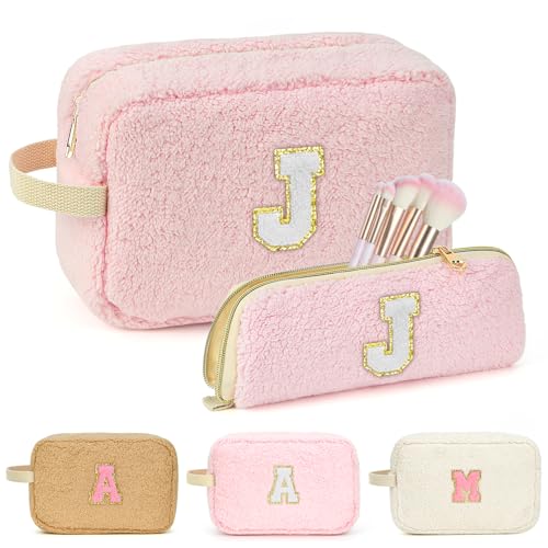 ibeacos Reise-Make-up-Taschen-Set, Muttertagsgeschenk, personalisierte Kosmetiktasche mit Make-up-Pinselhalter, adrette, niedliche Make-up-Tasche, Geburtstagsgeschenk für Frauen und sie, Pink, J von ibeacos