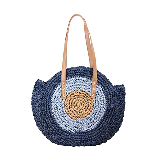 ibeafilly Stroh Strand Tasche, Rund Rattan Schultertasche Damen Sommer Handtasche Frauen Weben Eimer Tasche Korbtasche Basttasche Outdoor Casual Crossbody Tasche für Reise Schule Arbeit Einkaufen von ibeafilly