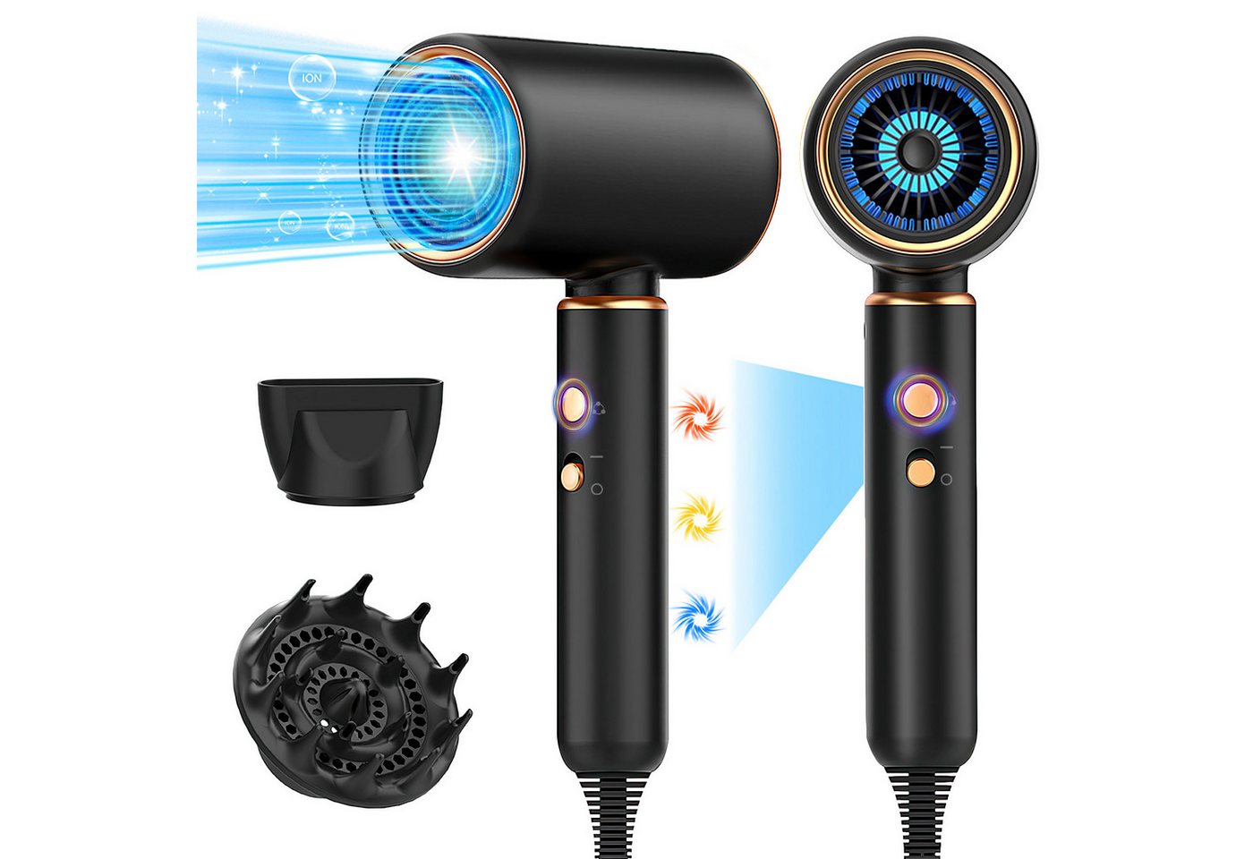 ibettertec Haartrockner Föhn,Haartrockner Ionen mit Diffusor-Konzentrator-Düse, 2400W, 2400 W, Turbo-Ultra-Leise-Motor, föhn 4-in-1, Mit Heiß- und Kaltzyklus, 4, Heiz&2 Geschwindigkeitsstufen, mit Schnelle Aufheizung von ibettertec