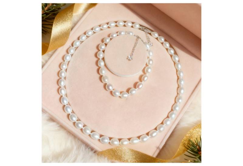 ibettertec Perlenketten-Set 8-9mm Perlenketten Set aus natürlichen Süßwasserperlen (Perlenkette Set, mit Armband, Ohrringe, Sterling-silber, 2-tlg., Damen Halskette, Schmuck Halskette, Perlenhalskette Hochwertige), Geschenk zum Muttertag, Geschenkbox, Geburtstagsgeschenk von ibettertec
