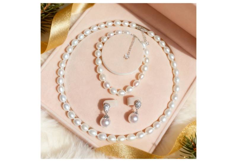 ibettertec Perlenketten-Set 8-9mm Perlenketten Set aus natürlichen Süßwasserperlen (Perlenkette Set, mit Armband, Ohrringe, Sterling-silber, 3-tlg., Damen Halskette, Schmuck Halskette, Perlenhalskette Hochwertige), Geschenk zum Muttertag, Geschenkbox, Geburtstagsgeschenk von ibettertec