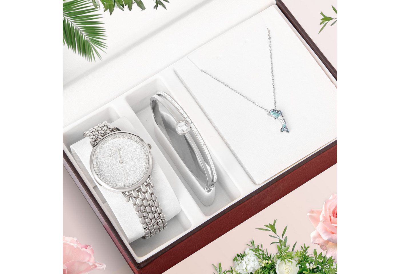 ibettertec Quarzuhr Elegantes Damen Schmuckset mit Damenarmbanduhr,Edelstahl-Armband, (Halskette, 3-teiliges Ladies Uhren-Set mit Herzanhänger, 36mm Zifferblatt, Legierung, Zirkonia-Steine, Perfektes Geschenk für Muttertag), Valentinstag & Weihnachten, Inkl. Geschenkbox von ibettertec