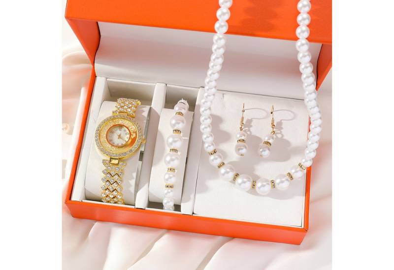ibettertec Quarzuhr Geschenk Damen Armbanduhr Armband Halskette Ring Ohrring Schmuck Set, (Elegant Analog Quarz Uhr mit Digital Zifferblatt und Elastisch Legierung Armband .Frauen Mädchen Strass Quarzuhr für Weihnachten Bracelet Jewelry Set.Damengeschenke, Weihnachten, Valentinstag, Hochzeitstag, Muttertag, Lehrertag, Geburtstage usw Es kann als Schmuckdisplay,Brautschmuckzubehör), Kunstfotos usw.verwendet werden.Hochwertige Geschenkbox von ibettertec