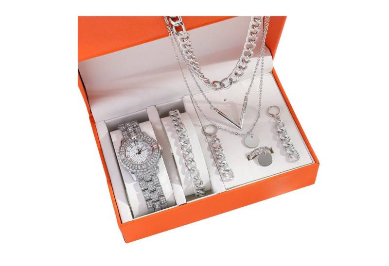 ibettertec Quarzuhr Geschenk Damen Armbanduhr Armband Halskette Ring Ohrring Schmuck Set, (Elegant Analog Quarz Uhr mit Digital Zifferblatt und Elastisch Legierung Armband .Frauen Mädchen Strass Quarzuhr für Weihnachten Bracelet Jewelry Set.Damengeschenke, Weihnachten, Valentinstag, Hochzeitstag, Muttertag, Lehrertag, 5-tlg., Geburtstage usw Es kann als Schmuckdisplay,Brautschmuckzubehör), Kunstfotos usw.verwendet werden.Hochwertige Geschenkbox von ibettertec