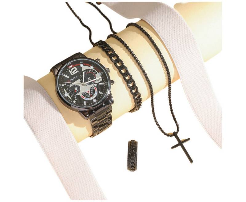 ibettertec Quarzuhr Herren Stahl Gürtel Uhr Halskette Armband Ring 4-teiliges Geschenkset, (Herren Geschenkbox Sets mit Herrenuhr Herrenarmband, 4-tlg., Länge durch extra Glied verstellbar,Vatertag,Valentinstag), Geburtstagsgeschenke,Weihnachtsgeschenke von ibettertec