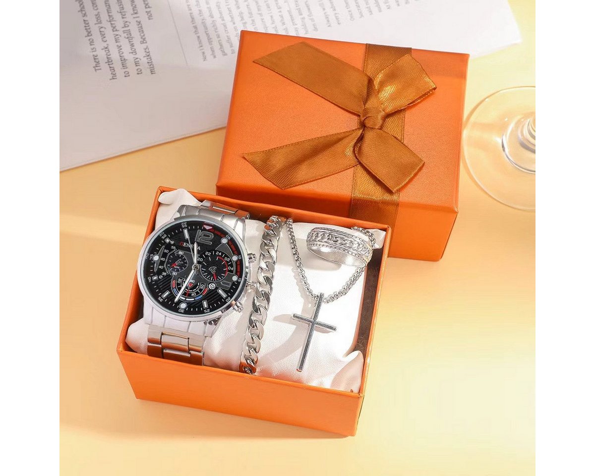 ibettertec Quarzuhr Herren Stahl Gürtel Uhr Halskette Armband Ring 4-teiliges Geschenkset, (Herren Geschenkbox Sets mit Herrenuhr Herrenarmband Männergeschenke, Herrenarmbanduhren, Männerringe, Herrenhalsketten, Länge durch extra Glied verstellbar,Vatertag,Valentinstag), Geschenke für Herren, Herrenuhren, Herrenringe, Herrenketten ibettertec Quarzuhr Herren Stahl Gürtel Uhr Halskette Armband Ring 4-teiliges Geschenkset, (Herren Geschenkbox Sets mit Herrenuhr Herrenarmband Männergeschenke, Herrenarmbanduhren, Männerringe, Herrenhalsketten, Länge durch extra Glied verstellbar,Vatertag,Valentinstag), Geschenke für Herren, Herrenuhren, Herrenringe, Herrenketten von ibettertec