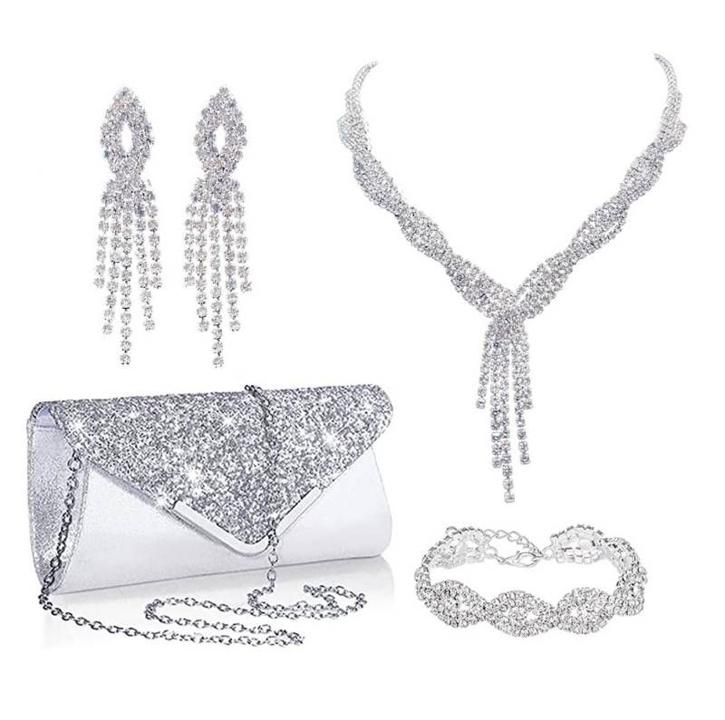 ibettertec Schmuckset Damen Glitzer Clutch Strass Abendtasche Brautschmuck Set Geldbörse (Braut Handtasche Hochzeit Party Unterarmtasche Umhängetasche Schultertasche mit Schulterkette,Tropfenförmig/quastenförmig sind zwei Formen erhältlich,Choker Halskette Ohrringe Glitzer Armband Abschlussball Schmuck Set Damen Hochzeitsschmuck Braut Das perfekte Geschenk für Frauen, 4-tlg., Ein unverzidhtbares Schmuck-Outfit fur den Sommer), Perfekt für jeden Anlass, für jeden Hautton von ibettertec