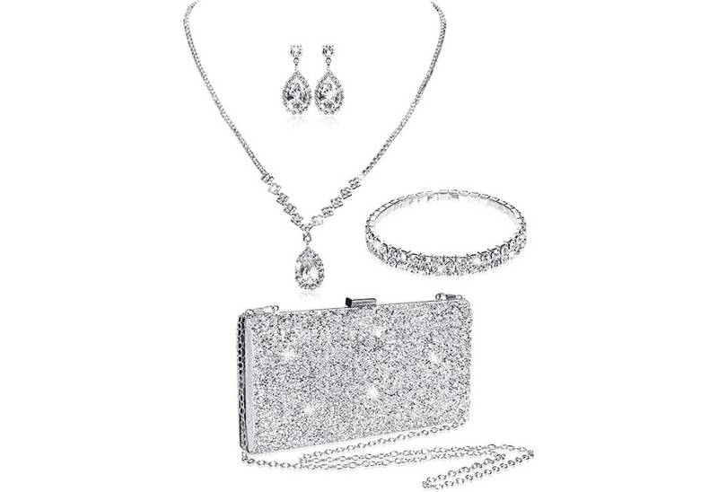 ibettertec Schmuckset Damen Glitzer Clutch Strass Abendtasche Brautschmuck Set Geldbörse (Braut Handtasche Hochzeit Party Unterarmtasche Umhängetasche Schultertasche mit Schulterkette,Tropfenförmig/quastenförmig sind zwei Formen erhältlich,Choker Halskette Ohrringe Glitzer Armband Abschlussball Schmuck Set Damen Hochzeitsschmuck Braut Das perfekte Geschenk für Frauen, 4-tlg., Ein unverzidhtbares Schmuck-Outfit fur den Sommer), Perfekt für jeden Anlass, für jeden Hautton von ibettertec