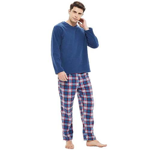 iceBoo Herren-Pyjama-Set aus Fleece, V-Ausschnitt, langärmeliges Oberteil und kariertes kariertes Unterteil, Anzug mit Seitentaschen, Blau mit rotem Karomuster (Fm77), XL von iceBoo