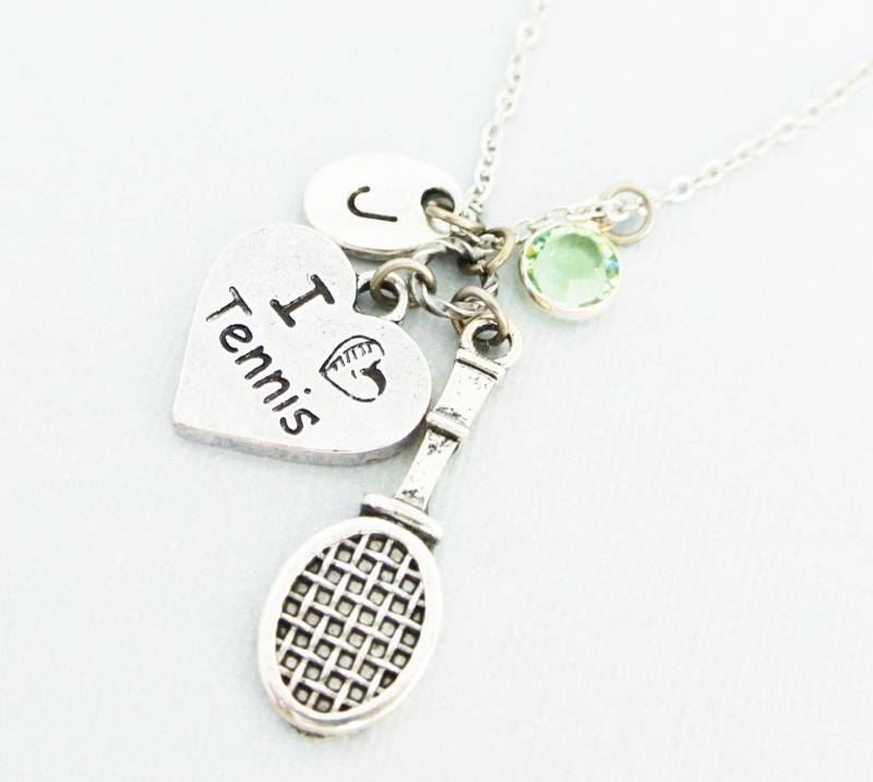 Tennisschläger Halskette Mit Initial Und Geburtsstein-Ich Liebe Tennis Geschenk Für Sie-Personalisierter Schmuck Tennisspieler von iceblues