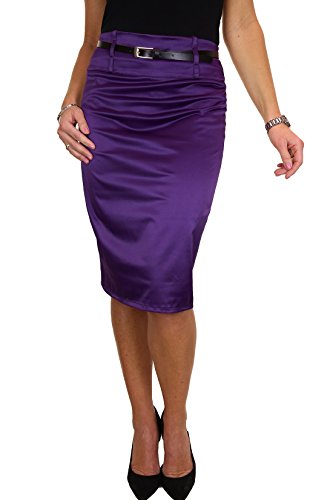 ICE Damen Stretch Satin Unterhalb Knie Bodycon Bleistiftrock mit Gürtel 34-48 Violett (36) von icecoolfashion