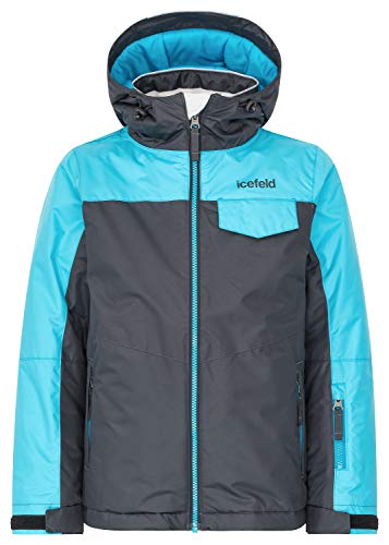 icefeld Kinder Winterjacke/Skijacke mit Kapuze, anthrazit/türkis in Größe 146 von icefeld