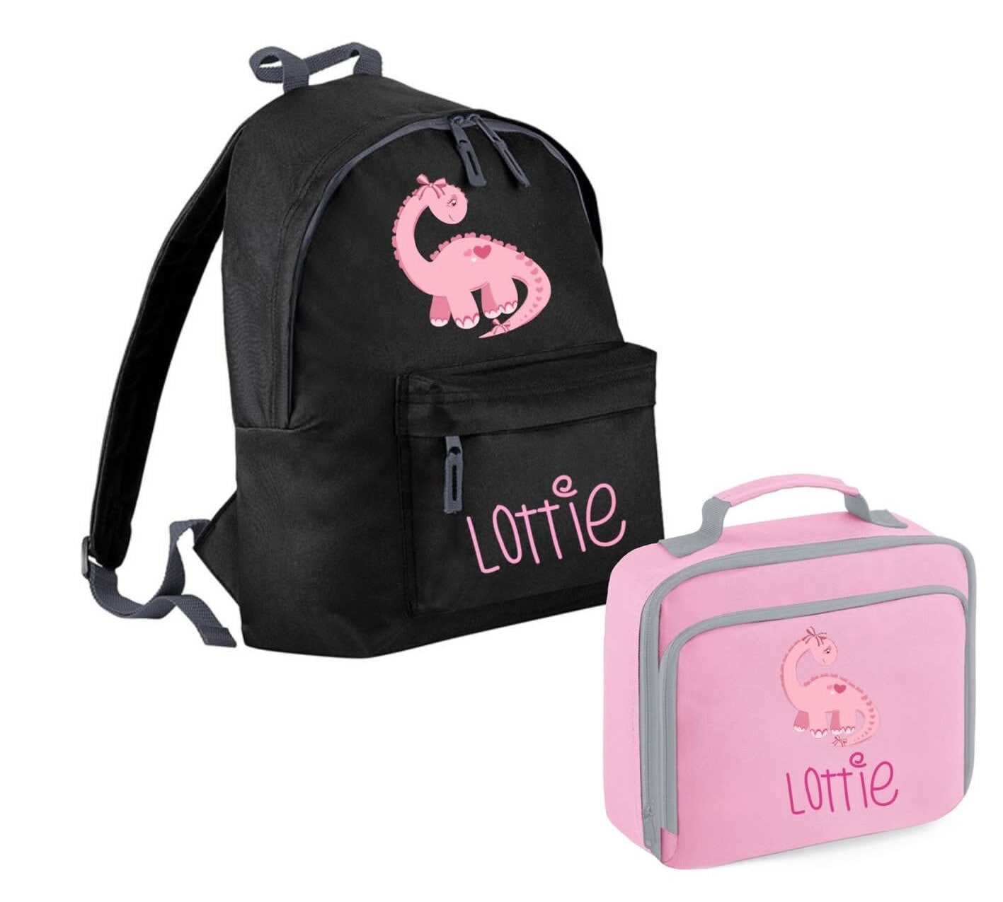 Personalisierter Name Dinosaurier Rucksack Und Lunchbag Set - Schwarz Rosa Set- Kinder Back To School Bag von icklepeanuts