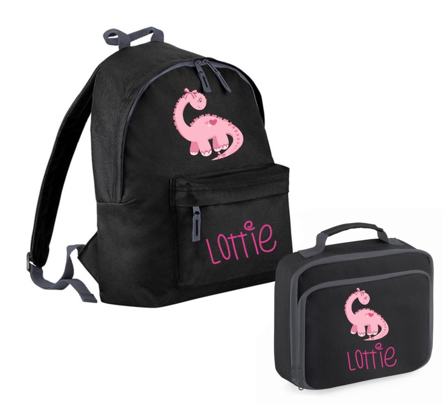 Personalisierter Name Dinosaurier Rucksack Und Lunchbag Set -Schwarz Set - Kinder Back To School Bag von icklepeanuts